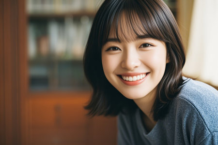 Close up portrait of smiling Asian womanの素材