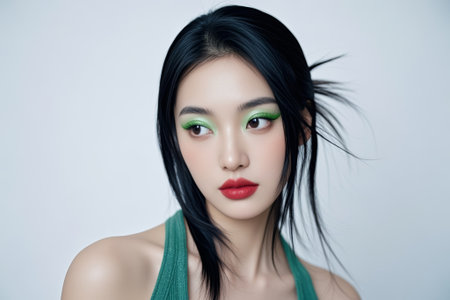 Close up of a stylish woman with green eye makeupの素材