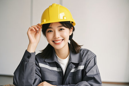 Image of a female worker wearing a hard hatの素材