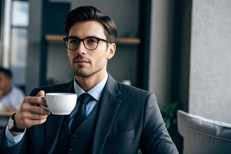 Suit man holding coffee in officeの素材