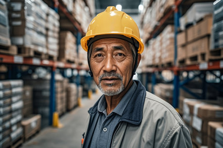 Portrait of warehouse worker wearing hard hatの素材