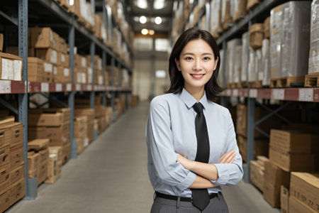 Working women stand with their arms crossed in a warehouseの素材