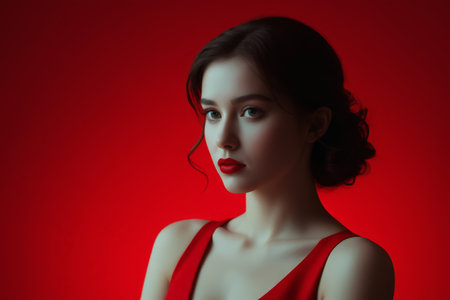 Close up to the woman in redの素材