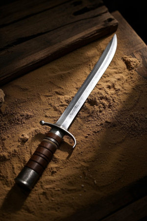 Close up of a metal sword on a wooden tableの素材