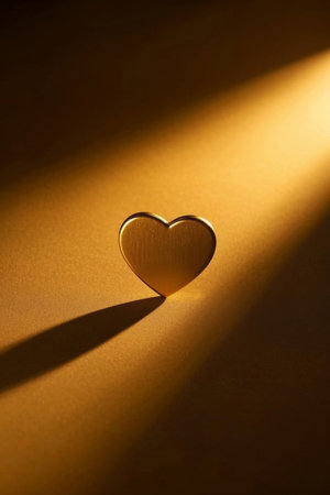 Close up of light and shadow of a golden heart shaped objectの素材