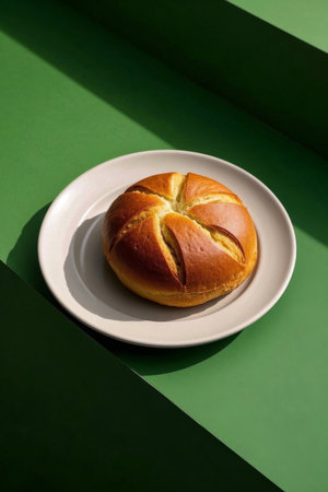 Bread in white pan on green backgroundの素材