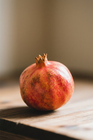 Fresh pomegranate fruits on a wooden tableの素材