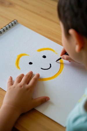 Children drawing smiling faces on paperの素材