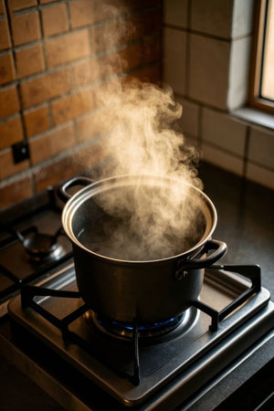 A steaming pot is cooking on the kitchen gas stoveの素材