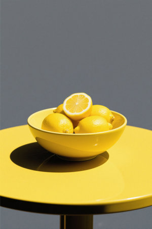 Close up of a lemon still life in a yellow bowlの素材