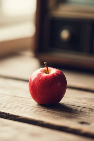 Red apple on wooden tableの素材