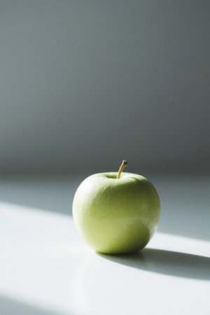 Close up of a single green apple still lifeの素材