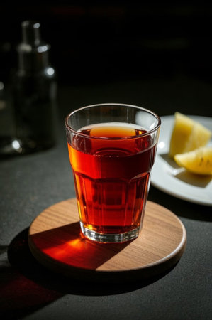 Red liquid drink in a glassの素材