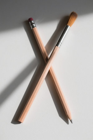 Pencils and brushes crossed on white backgroundの素材