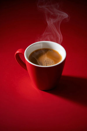 Hot coffee cup on red backgroundの素材