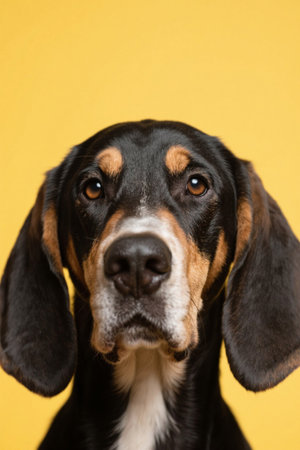 Close up of dog in front of yellow backgroundの素材