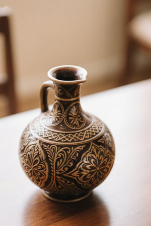 Close up of a still life of a traditional patterned ceramic vaseの素材