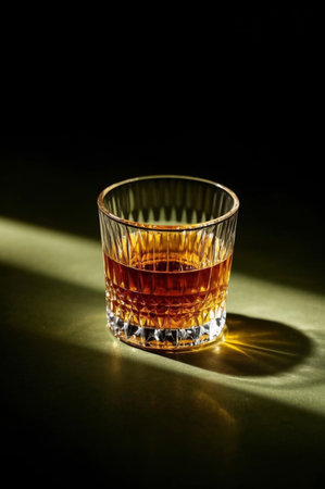 Close up of a glass filled with brown liquidの素材