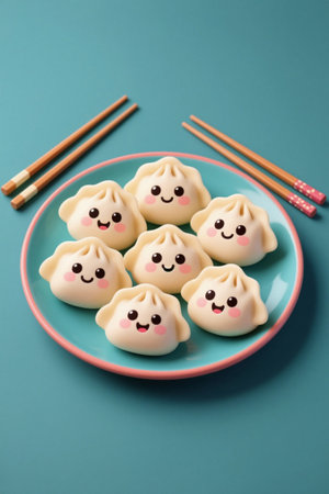 Cartoon expression dumplings are placed on the plateの素材