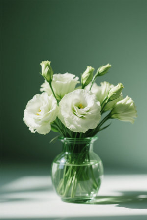 Close up of a still life with white flowers in a glass bottleの素材