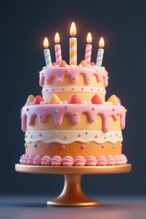 Double layer birthday cake with colorful candlesの素材