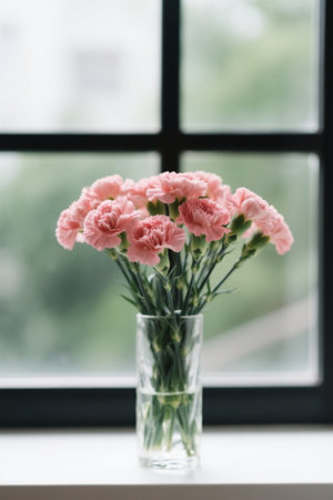 Pink carnations in a window vaseの素材