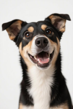 Cute tricolor dog front close upの素材