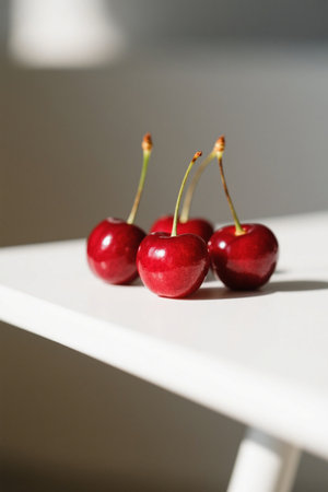 Fresh cherries on a white tableの素材