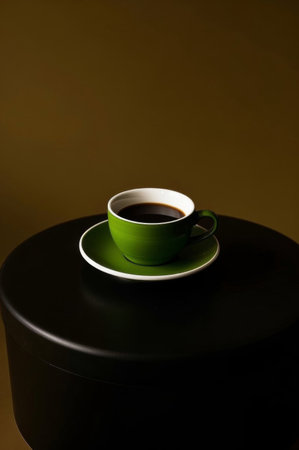Green coffee cup on a black round tableの素材