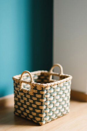 Woven storage basket on indoor wooden floorの素材