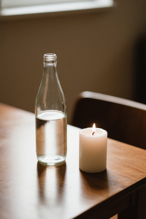 Glass bottles and candles on wooden tableの素材