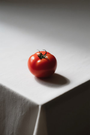 Red tomatoes on a white tableclothの素材
