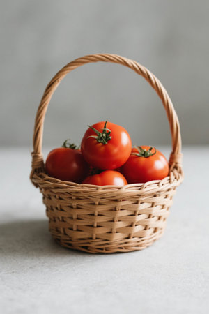 Fresh red tomatoes in a bamboo basketの素材