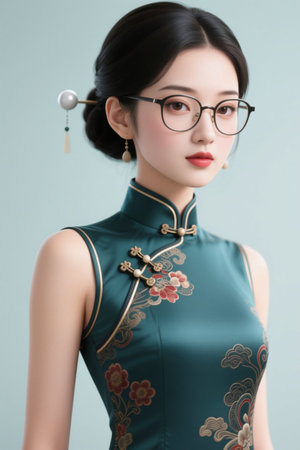 Oriental woman wearing glasses and cheongsamの素材
