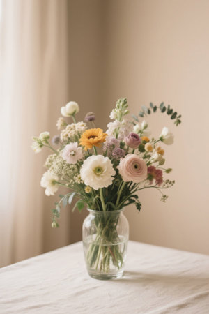 Colorful floral decoration in glass vaseの素材