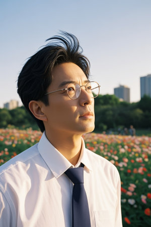 A man in formal attire stands sideways in a flower field and gazesの素材