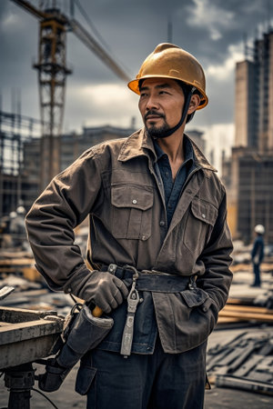 Bust of a construction site worker in work clothesの素材