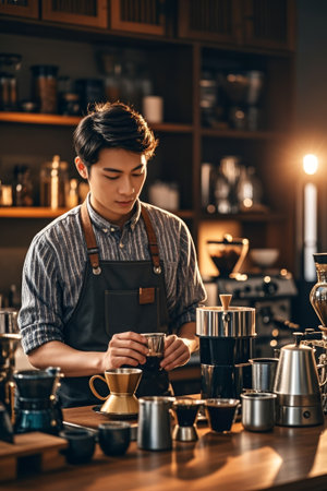 Barista prepares coffee scene in the cafeの素材