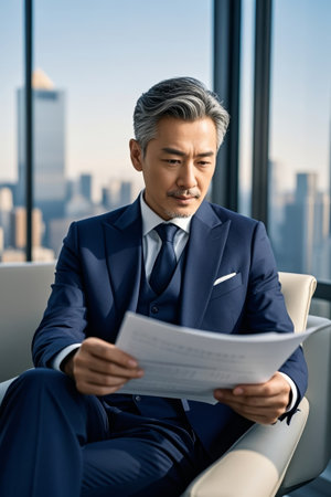 Suit man reading documents in officeの素材