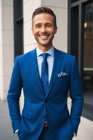 Smiling business man in blue suitの素材