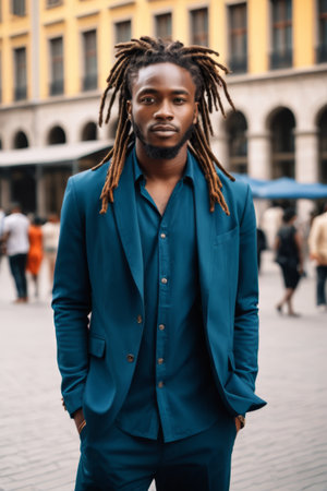 African American man in a suit on the streetの素材