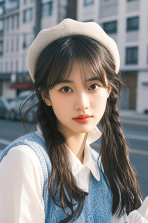 Portrait of street girl wearing beretの素材