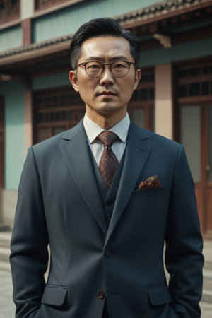 Man in suit standing in front of ancient buildingの素材