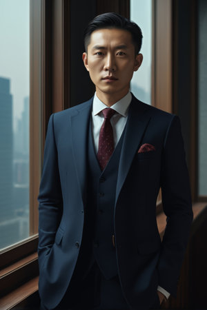 Window portrait of a business man in a suitの素材