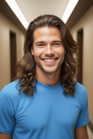 Smiling young man in the corridorの素材