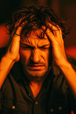 Man holds head in hands and looks anxiousの素材