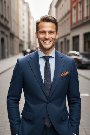 Smiling men in suits on the streetの素材