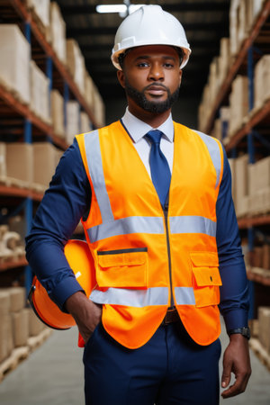 Male workers in work clothes in warehousesの素材