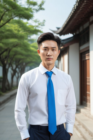 Men in formal attire take photos in front of Chinese buildingsの素材
