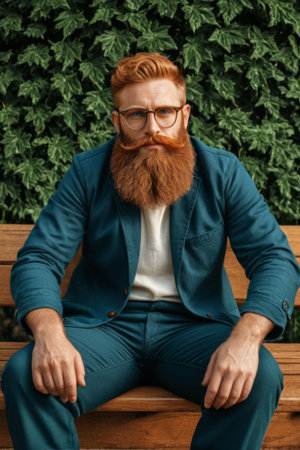 Red haired and bearded man sitting on an outdoor benchの素材